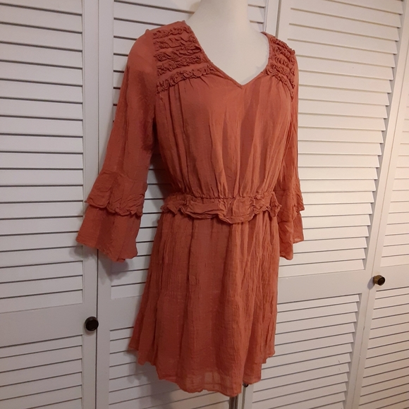 C&V Cottage Style Crepe Mini Dress with Ruffles & Bell Sleeves - Picture 12 of 15